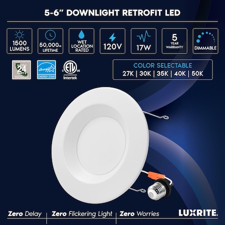 Luxrite 5/6 Inch LED Recessed Can Light 5CCT 2700K-5000K 17W 1500LM Dimmable Wet Rated ETL Listed, 4PK LR23799-4PK